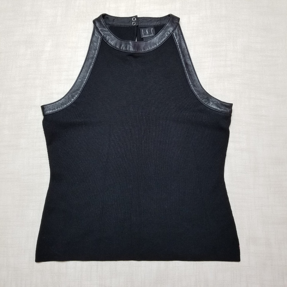 INC Leather Trimmed Tank Top, Silk Blend, sz L